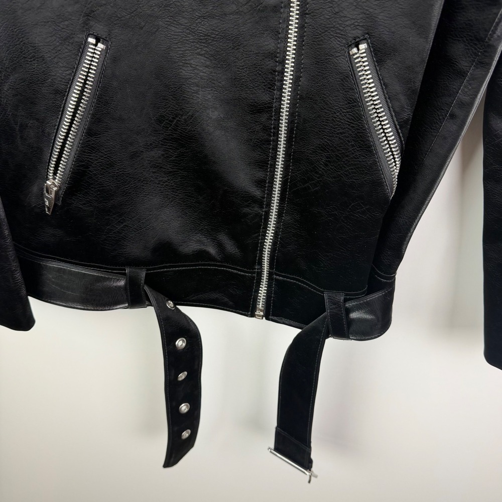 NWT Cinq‎ a Sept Brice Faux Leather Moto Jacket Small Black Belted Minimalist - Picture 6 of 16